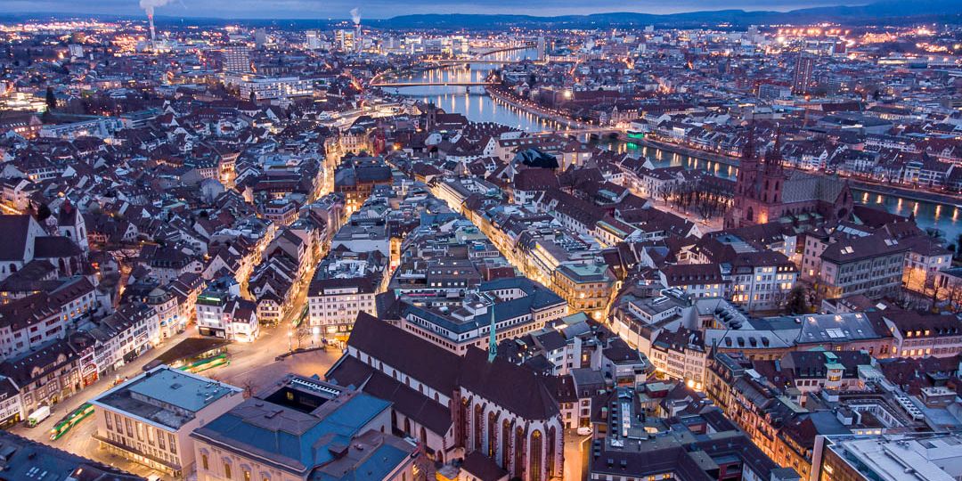 Aerial Drone shot overlooking the historic city centre of Basel