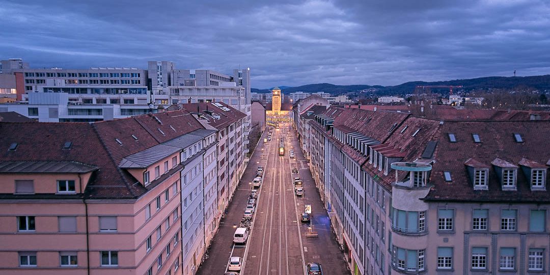 Aerial Drone shot looking down Rosentalstrasse towards Badisch Bahnhof