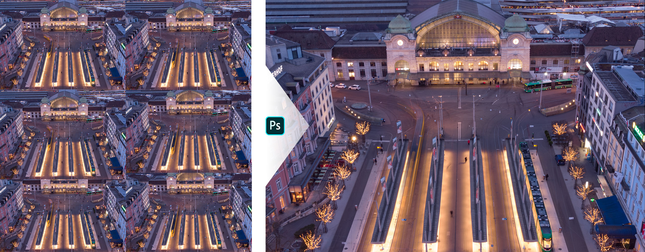 Image depicting how to stack images in photoshop to get an artificial long exposure