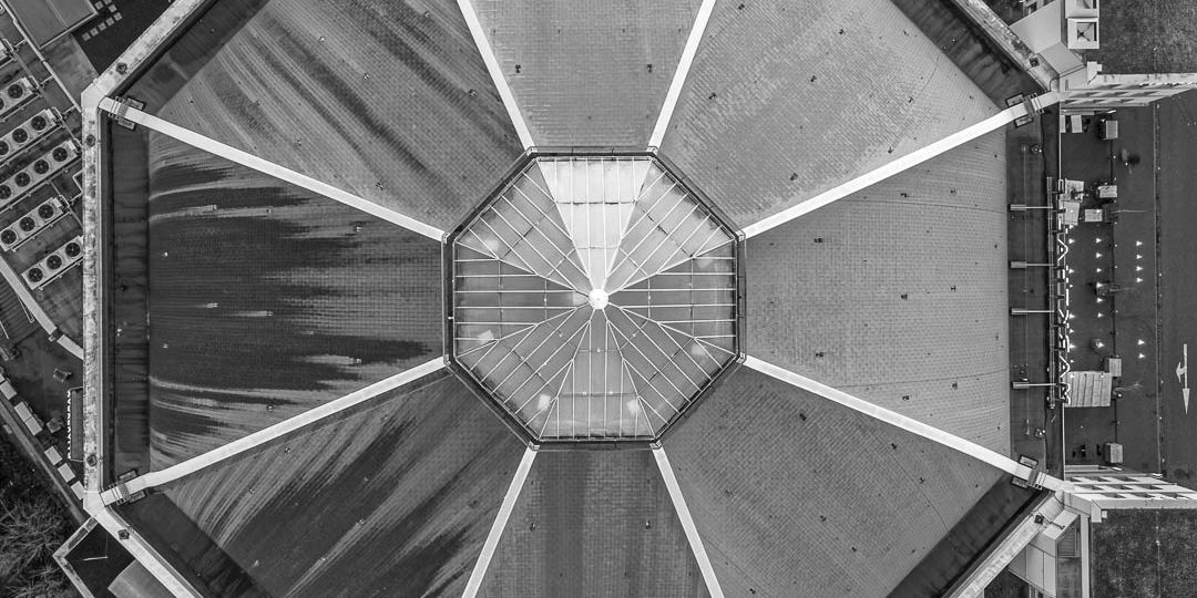 A top down shot of Markthalle Basel in Black and White