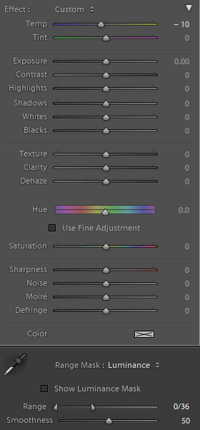 example for the edits of a gradient filter local adjustment in Lightroom