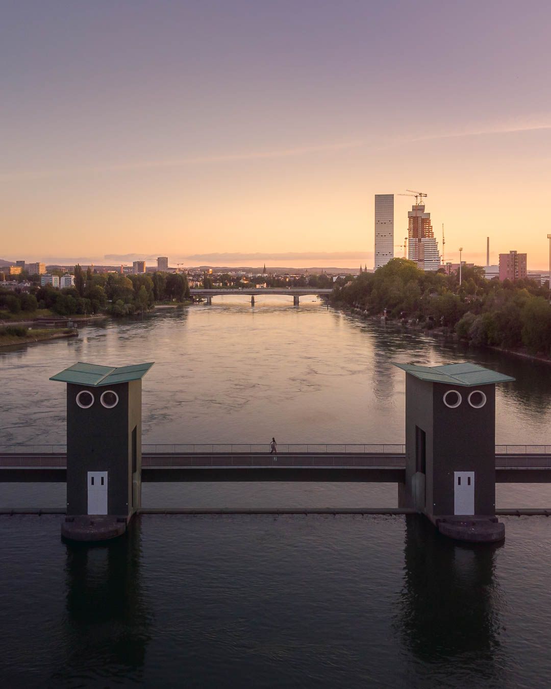 Birsfelden Powerstation with view down the Rhine towards Basel at sunset