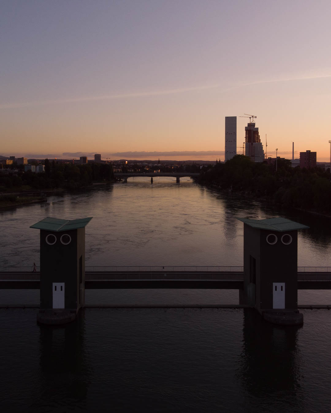 Birsfelden Powerstation with view down the Rhine towards Basel at sunset, unedited raw