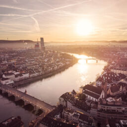 Drone image of a Sunrise in Basel over the Rhine
