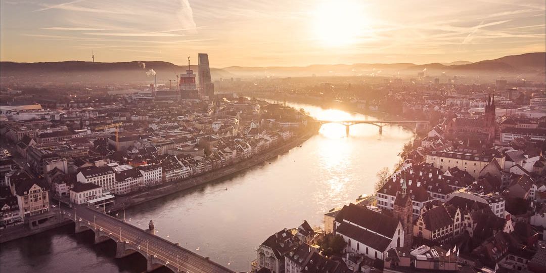 Drone image of a Sunrise in Basel over the Rhine