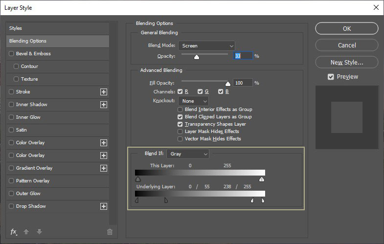 Photoshop Layer Style Dialogue Highlighting the Blend If Options