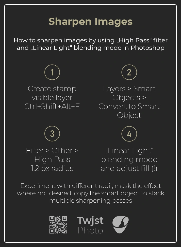Cheat-sheet showing how to sharpen images in photoshop using high pass filter and the linear light blend mode