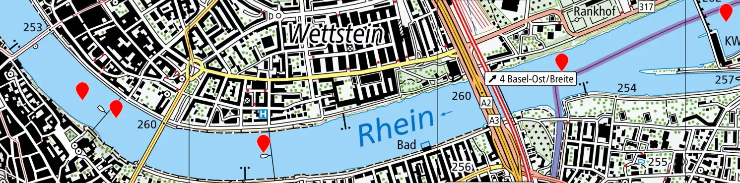 Karte die einen Auschnitt von Basel dem Rhein entlang zeigt. Fünf Punkte sind markiert an welchen die Panoramen aufgenommen wurden.