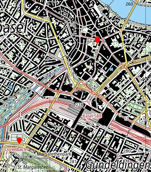 Karte die einen Auschnitt von Basel. Die Positionen der zwei 360° Panoramen sind eingezeichnet: Eine beim Margrethenhügel, eine zwischen Kunsthalle und Elisabethenkirche