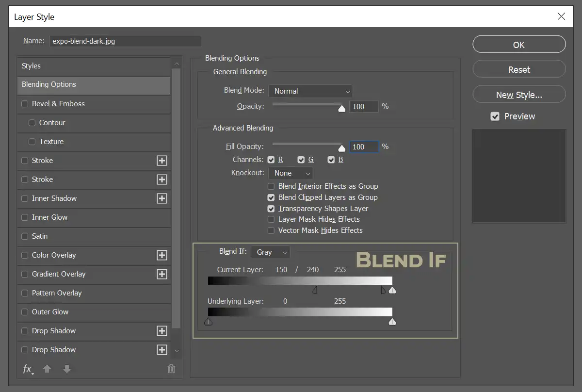 Blend-If settings in Photoshop for exposure blending