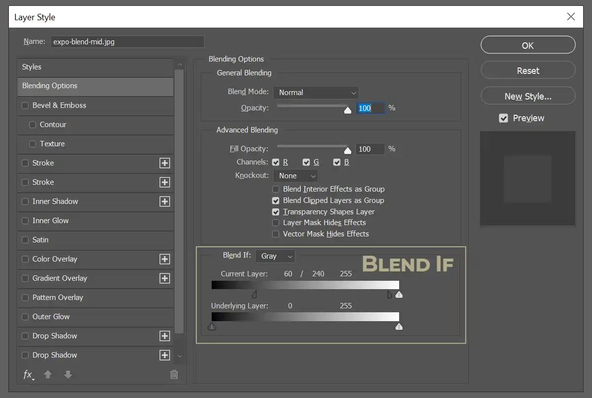 Blend-If settings in Photoshop for exposure blending