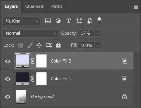 Photoshop Layer Stack with two solid color adjustments for color grading