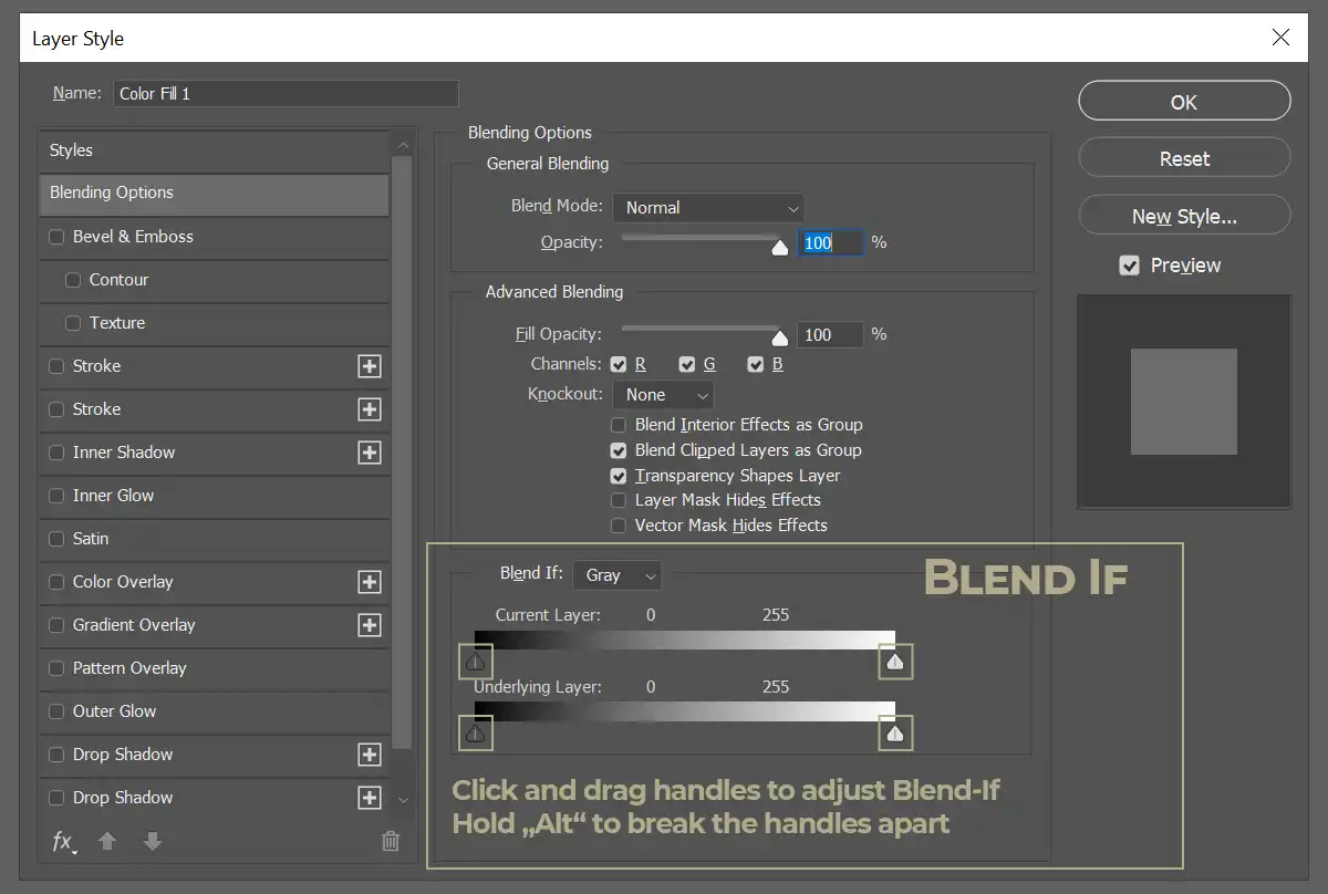 Photoshop Layer Style dialogue. Blend-If handles are highlighted.