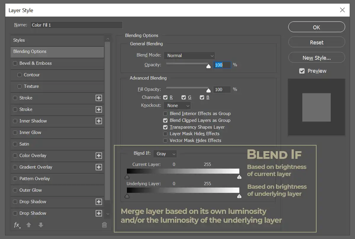 Layer Style Dialogue in Photoshop, Blend-If section is higlighted.